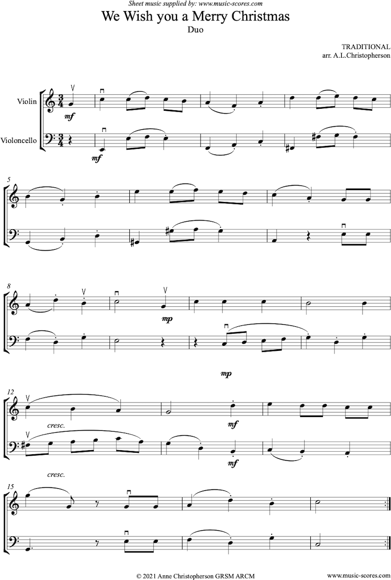 Front page of We Wish You a Merry Christmas: Violin, Cello sheet music