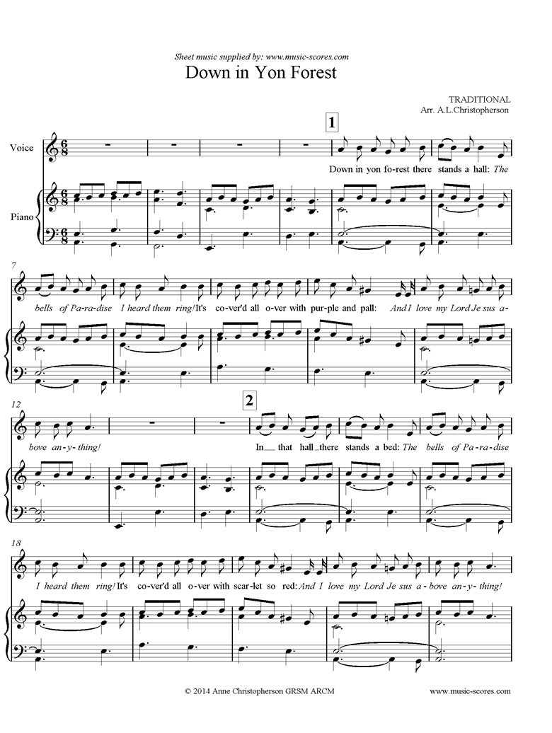 Front page of Down in Yon Forest: Voice, Piano sheet music