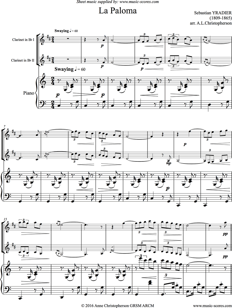 Front page of La Paloma: 2 Clarinets, Piano sheet music