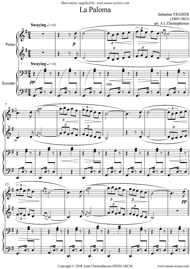 La Paloma: Piano Duet by Yradier