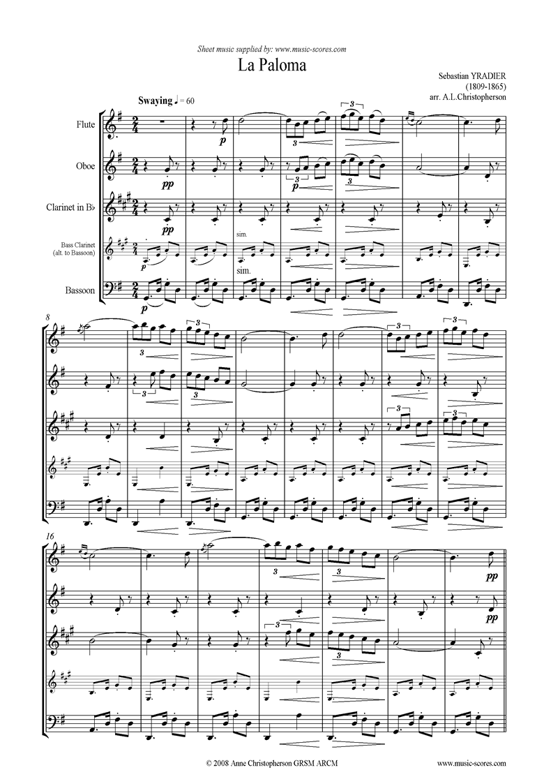 Front page of La Paloma: Wind Quartet sheet music